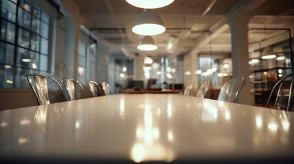 Fototapete - Empty Conference Room Table With Chrome Chairs, Suggesting Teamwork and Corporate Collaboration for Business Meetings and Strategic Planning : Generative AI