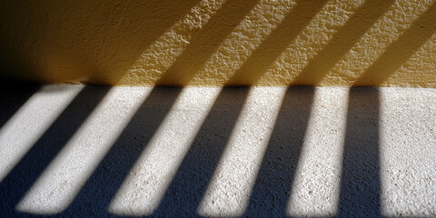 Poster - Shadows cast on a textured wall by vertical slats during midday sunlight