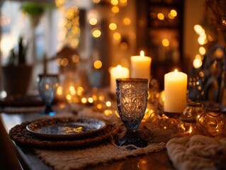 Poster - Elegant Table Setting With Candles and Bokeh Lights, Representing Warmth and Holiday Celebration, Perfect for Family Gatherings and Festive Decoration : Generative AI
