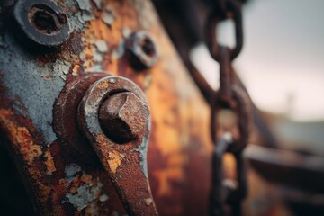 Poster - Close-Up of Rusted Metal Bolts and Chain, Illustrating Industrial Decay and Infrastructure Investment Needs : Generative AI