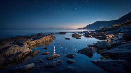 Aufkleber - Starry Night Sky Reflecting on Rocky Shoreline at Dusk, Evoking Peaceful Escape and Natural Beauty for Travel and Tourism Campaigns : Generative AI