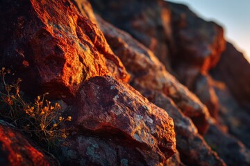 Aufkleber - Sunlit Rocks and Small Flowers at Sunset, Evoking Natural Beauty and Geological Stability for Environmental Awareness Campaigns : Generative AI