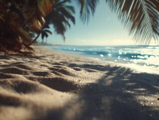 Poster - Tranquil Beach With Palm Trees and Sparkling Water, Evoking Relaxation and Summer Vacation Getaways, Ideal for Travel and Tourism Marketing : Generative AI
