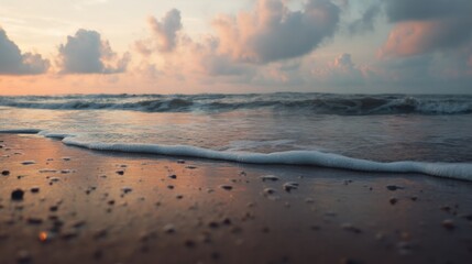 Aufkleber - Calm Ocean Waves Gently Washing Ashore at Sunset, Evoking Peaceful Reflection and Tranquil Getaways for Travel Marketing : Generative AI