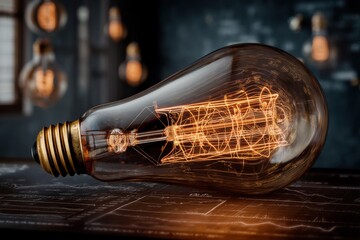Aufkleber - Vintage Lightbulb Illuminating Blueprint on Table, Symbolizing Innovation and Creative Thinking for Business Solutions and Engineering : Generative AI