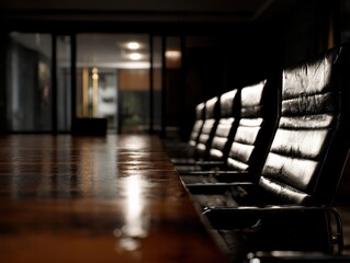 Fototapete - Empty Conference Room Table and Chairs, Representing Corporate Strategy and Business Meeting Space for Teamwork and Collaboration : Generative AI
