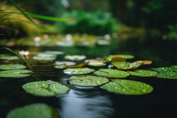 Poster - Lily Pads Floating on a Pond With Water Droplets, Symbolizing Tranquility and Environmental Awareness for Conservation Efforts : Generative AI