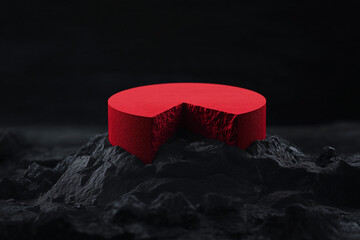 Poster - A captivating red circular object with a slice missing, resting on a textured dark surface. The vibrant red hue contrasts beautifully against the dark background