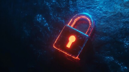 Poster - cybersecurity padlock digital neon glowing red blue dark background technology 3d data code metal