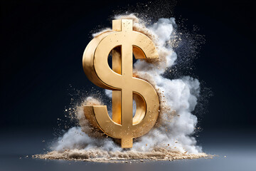 Poster - A golden dollar sign with a dramatic explosion effect against a dark background. This image represents wealth and financial impact
