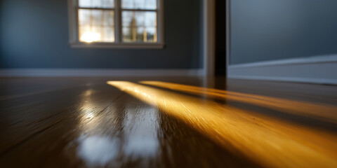 Poster - Sunlight streams through a window onto a polished wooden floor in a quiet room
