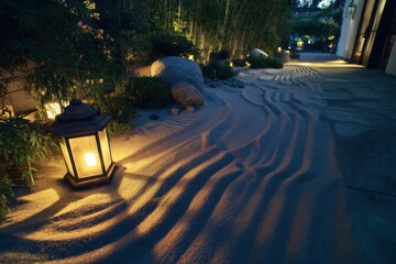 Leinwandbilder - Illuminated Lantern in Zen Garden at Night, Representing Tranquility and Mindfulness in Landscape Design : Generative AI