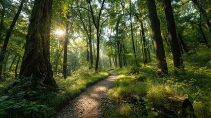 Poster - Sunlit Forest Path Through Lush Green Trees, Representing Tranquility and Outdoor Recreation for Wellness Retreats and Nature Tourism Campaigns : Generative AI