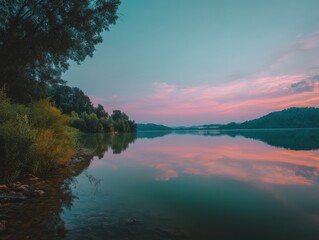 Aufkleber - Calm Lake Reflecting Pink Sunset Sky, Ideal for Serene Travel and Nature Getaways, Showcasing Tranquility and Environmental Harmony in a Scenic Landscape : Generative AI