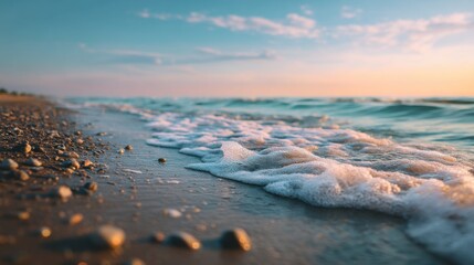 Poster - Waves Gently Washing Ashore at Sunset, Evoking Tranquility and Providing a Sense of Coastal Escape and Relaxation : Generative AI