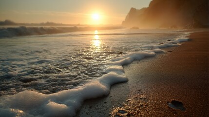 Poster - Golden Sunset Over Ocean Waves on Sandy Beach, Evoking Tranquility and Coastal Getaways, Ideal for Travel and Vacation Planning : Generative AI