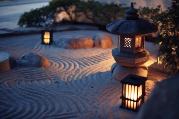 Poster - Zen Garden With Stone Lanterns at Dusk, Evoking Tranquility and Spiritual Retreat, Ideal for Wellness and Mindfulness Campaigns : Generative AI