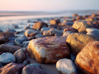 Poster - Smooth Beach Stones at Sunset, Symbolizing Natural Beauty and Coastal Serenity for Travel Advertising and Environmental Awareness Campaigns : Generative AI