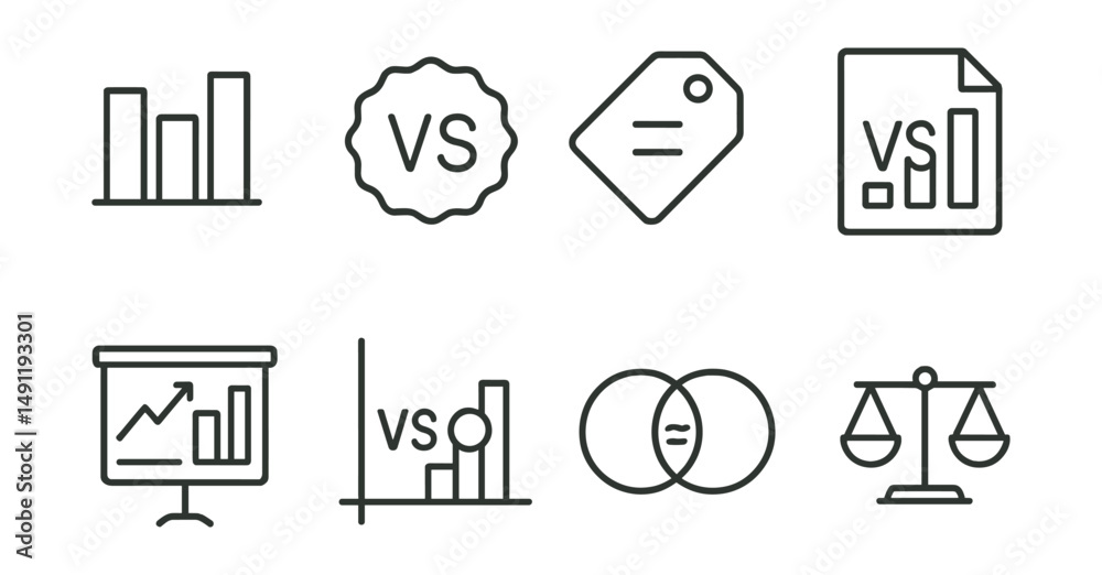 Line style icons of comparison charts: side-by-side icon, vs comparison ...