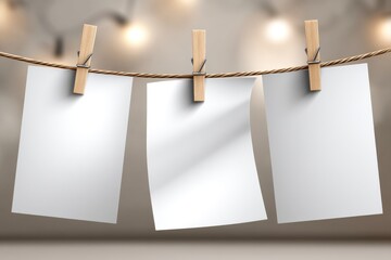 Poster - A minimalist display of three white paper sheets hanging from a string with wooden clips, illuminated by soft, warm lighting creating a clean and modern aesthetic for presentation.