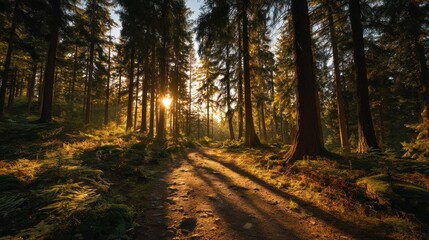 Aufkleber - Sunlit Path Through Forest at Sunset, Emphasizing Natural Beauty and Outdoor Adventure for Tourism and Ecotourism Campaigns : Generative AI