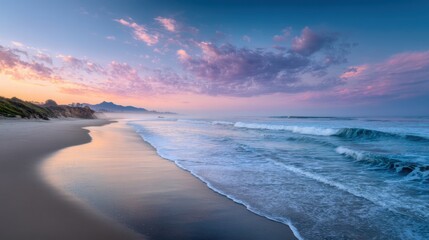 Poster - Pastel Sunset Over Sandy Beach With Gentle Waves, Evoking Serenity and Coastal Getaways, Perfect for Travel and Relaxation Campaigns : Generative AI