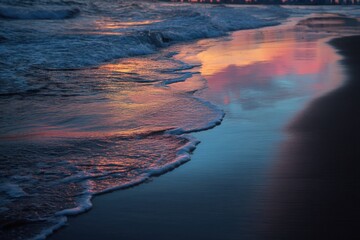 Aufkleber - Waves Washing Ashore at Sunset With Reflected Light, Evoking Serenity and Coastal Getaways, Ideal for Travel and Tourism Campaigns : Generative AI