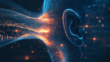 Leinwandbilder - Abstract human ear with glowing particles, representing sound and hearing.