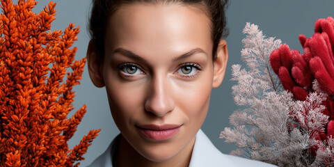 Poster - Model with striking features surrounded by vibrant dried flowers in a studio setting