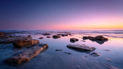 Poster - Coastal Rocks at Sunset Reflecting in Water, Representing Serenity and Peaceful Escape for Travel and Tourism Marketing : Generative AI