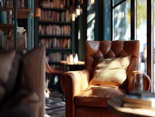 Poster - Cozy Leather Armchair in a Sunlit Library, Inviting Relaxation and Personal Growth Through Reading at Home, Perfect for Lifestyle and Interior Design : Generative AI