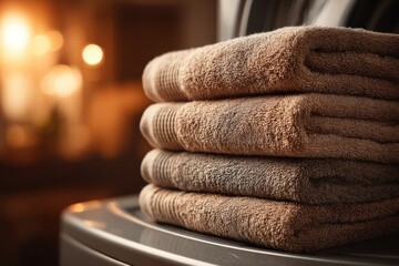 Poster - a neatly stacked pile of soft, plush beige towels on a washing machine in a warmly lit laundry room,