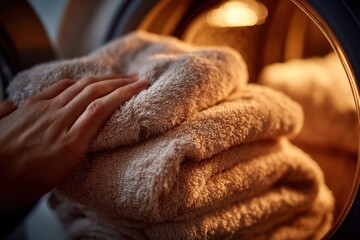 Poster - close up of hand touching folded soft clean towels in washing machine drum, fresh laundry, light and