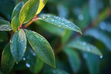 Aufkleber - Green Leaves Covered in Dewdrops in Morning Light, Symbolizing Freshness and Environmental Awareness for Sustainable Living Campaigns : Generative AI