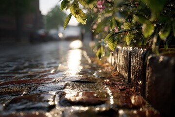 Aufkleber - Wet Brick Road After Rain With Green Leaves and Water Droplets, Depicting Urban Renewal and Environmental Awareness : Generative AI