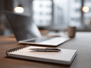 Poster - Laptop and Notepad on Desk in Modern Office, Representing Productivity and Business Planning for Professional Development and Strategic Thinking : Generative AI