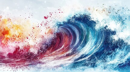 Poster - Abstract Ocean Wave Watercolor Painting Blue Red Orange Splash art sea fluid style image brush      