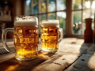 Poster - Two Beer Mugs Filled With Golden Lager on a Wooden Table, Representing Relaxation and Happy Hour Specials at a Local Pub or Restaurant : Generative AI