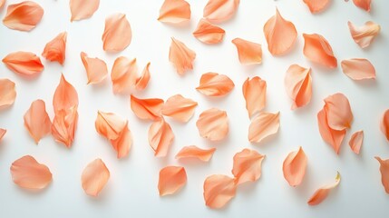 Poster - Scattered peach-colored flower petals on a white background.