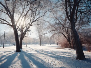 Poster - Snowy Park Scene With Bare Trees and Long Shadows, Evoking Winter Serenity and Holiday Season Spirit : Generative AI
