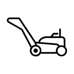Poster - Simple graphic of a lawn mowing machine with a handle and wheels in black outline design style