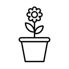 Poster - A simple depiction of a flower with petals in a pot with leaves on a stem in black outline design