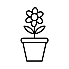 Poster - A simple drawing of a flower with petals and leaves inside a pot, outlined in black on a white background