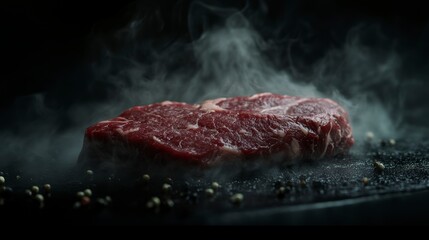 Poster - Steaming juicy ribeye steak on dark surface with peppercorns.