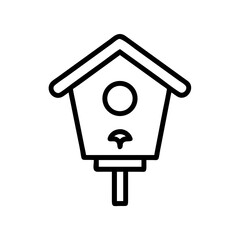 Poster - Simple line drawing of a birdhouse with a round entrance and perch on a wooden post design