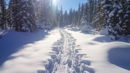 Poster - Sunlit snowy path through a winter forest.