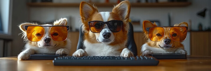 Poster - Three corgi dogs working at a keyboard wearing spectacles, in a home office