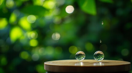 Aufkleber - Two water droplets on a wooden surface with a blurred green background.