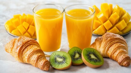 Poster - Two glasses of mango juice, croissants, kiwi, and fresh mango slices on a marble surface.