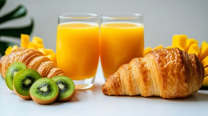 Poster - Two glasses of orange juice, croissants, kiwi, and mango slices on a white surface.